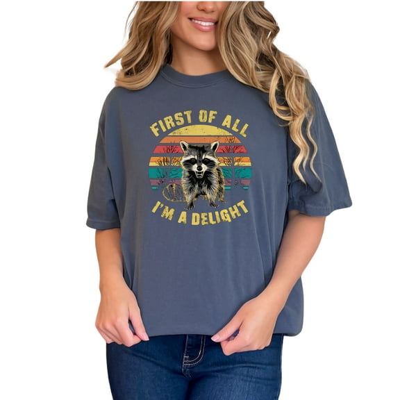 Retro Raccoon T-Shirt, Funny Raccoon Graphic Tee, First Of All I'm A Delight Shirt, Cute Animal Lover Gift, Nature Themed Top, Denim Comfort Colors T-Shirt, Small