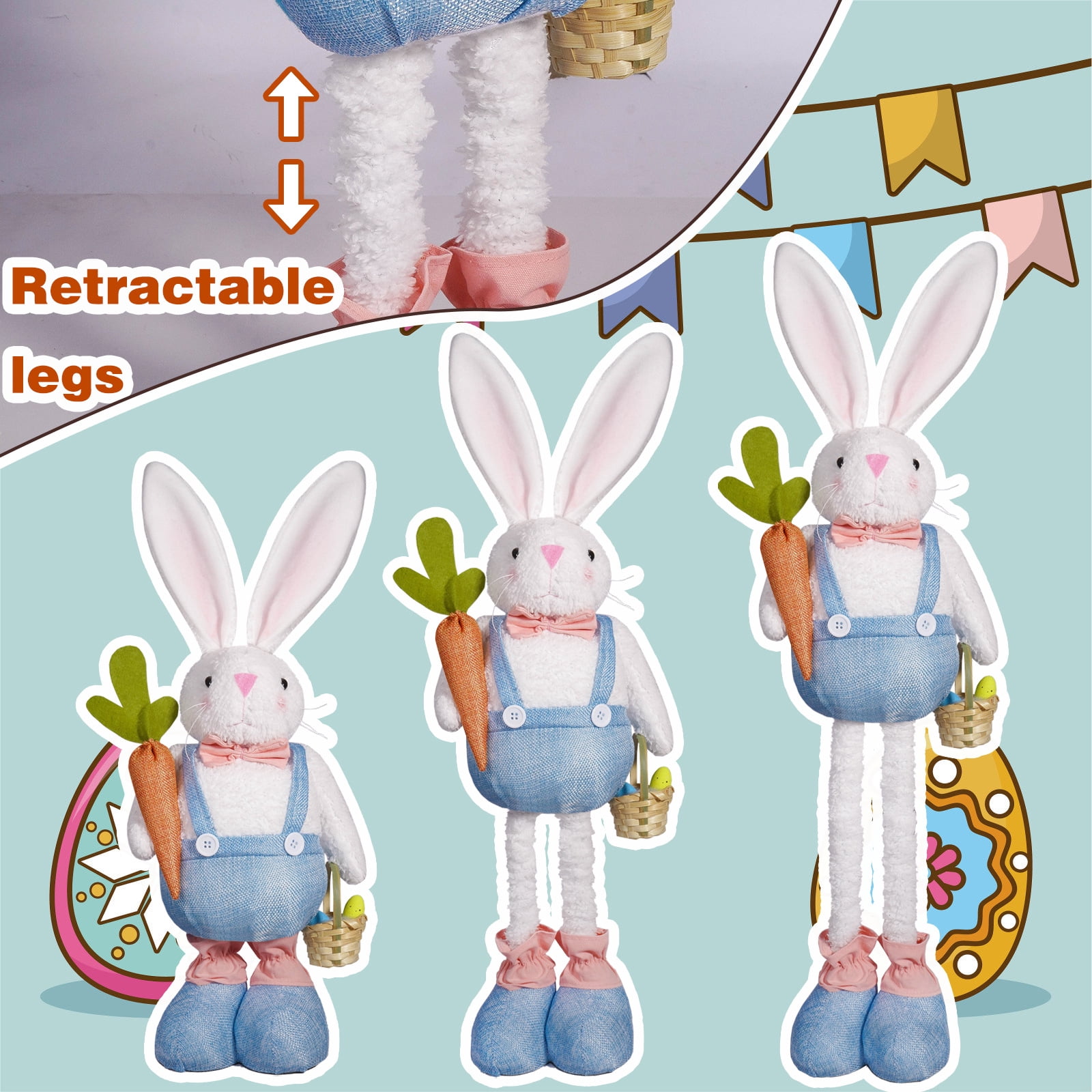 Easter Bunny Telescopic Leg Doll Holding Radish Basket Cute Plush Doll Ornament,Easter Bunny Plush Decorations Easter Bunny Stuffed Animal Cute Rabbit Plush Easter Basket Stuffers Gifts