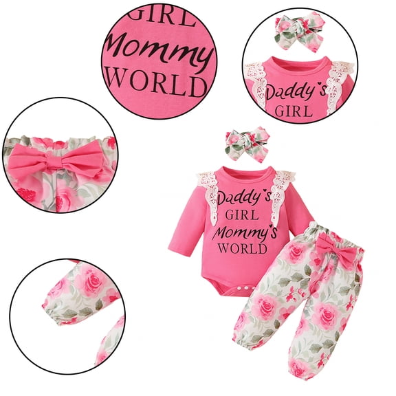 Godderr 3PCS Newborn Baby Girls Letter Tops Clothing Outfits Lace Romper Pants Headband Bowknot Trousers Long Sleeve Trousers Spring Autumn Tops Outfits for 0-18M