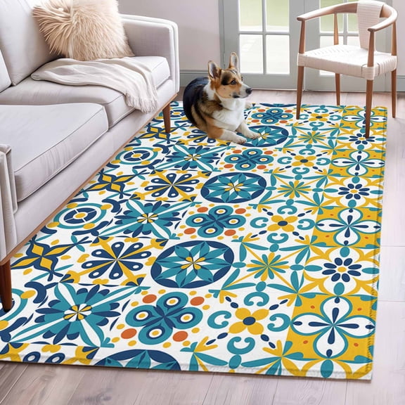 Rectangle Area Rugs 3 x 5 Ft, Modern Mediterranean Non-Slip Residential Carpet, Retro Moroccan Tiles Texture Vlue Yellow Indoor Crawling Mats Runner Rugs for Living Room/Dining Room/Bedroom
