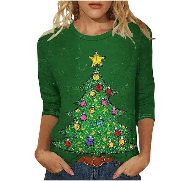 LiMoi Women's Xmas Tops for Women 3/4 Sleeve Round Neck Shirt with Merry Tree Design Tees Tshirts Blouse for Christmas My Items