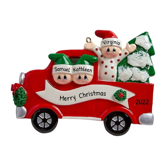Personalized Family of 3 in Red Christmas Truck Ornament for Xmas Tree 2024-Ornaments by Elves