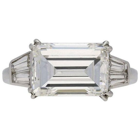 HeartsAndYou 3ct East West Emerald Moissanite Ring 18k White Gold over Silver Two Baguette Cut Accents