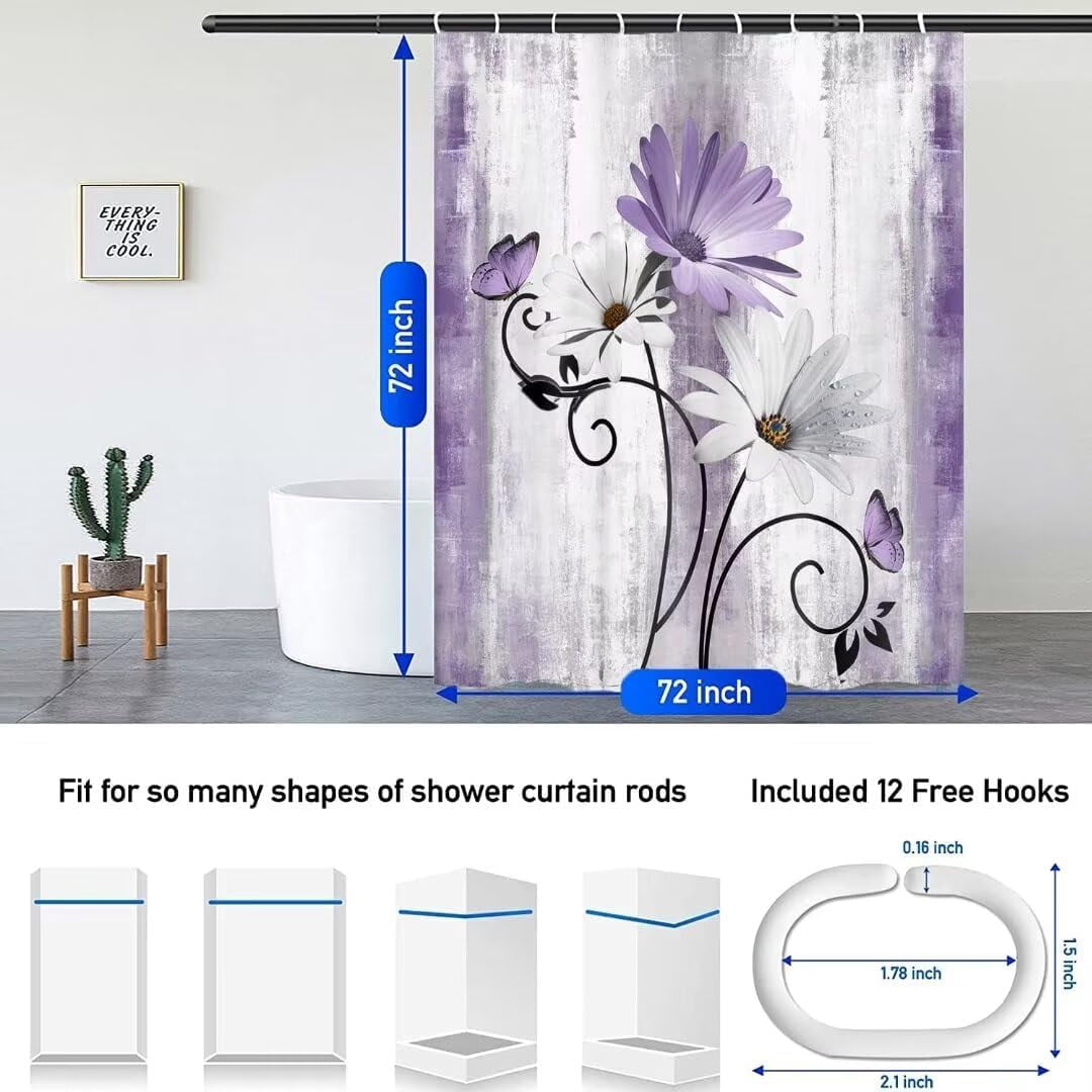 4PCS Daisy Country Farmhouse Shower Curtain Set with Shower Curtain and Carpet and Accessories, Waterproof Bathroom Shower Curtain Decorative Set with 12 pcs Hooks,71 x 71in