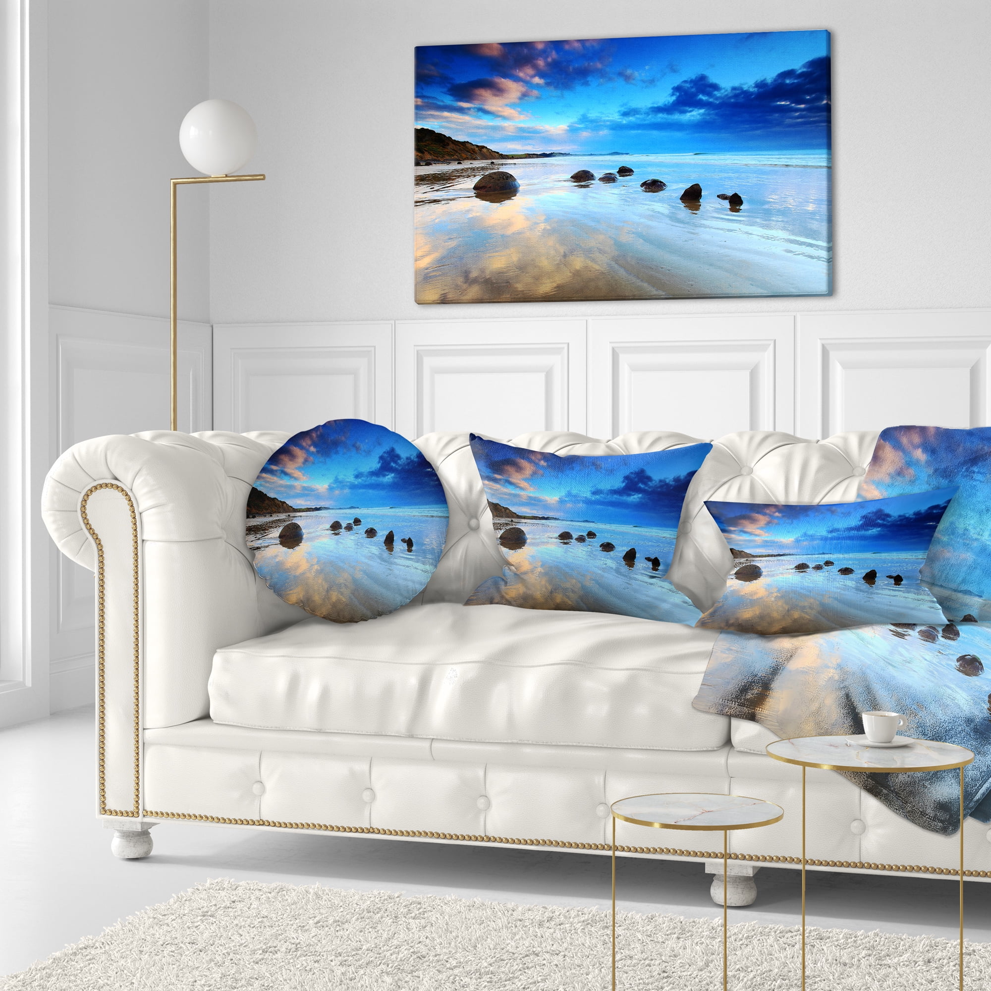 Designart Moeraki Boulders Under Cloudy Sky - Seashore Photo Throw Pillow - 12x20