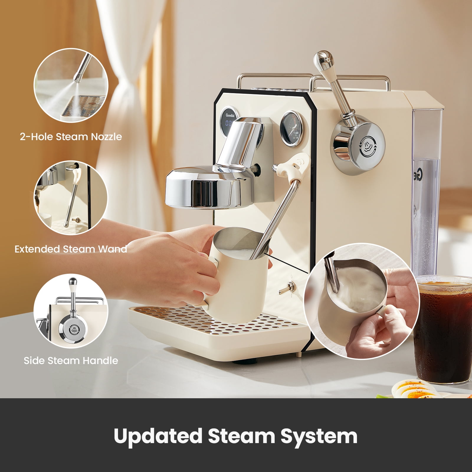Gemilai G3006 Owl 15-Bar Semi-Auto Espresso Machine, Dual Display, Milk Frother, 57oz Tank, Stainless Steel Coffee Maker