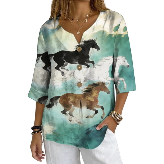 Inverlee Womens Cotton Linen Breathable Tank Tops Summer Horse Print Lightweight V Neck Shirts Trendy Breathable Loose Fit Cami Blouse