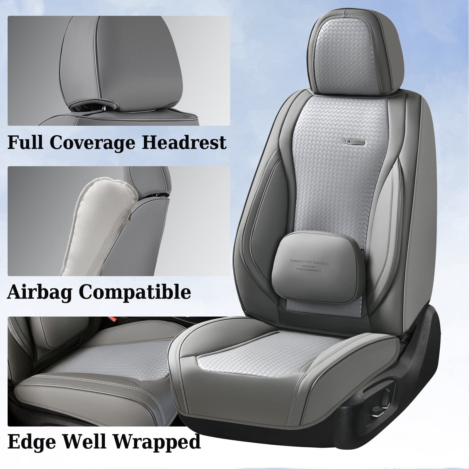 Coverado Waterproof Seat Covers For Cars, High-grade Leather Front Seat Protectors with Lumbar Support, Auto Cushions Universal Fit for Most Cars SUV Trucks, Gray