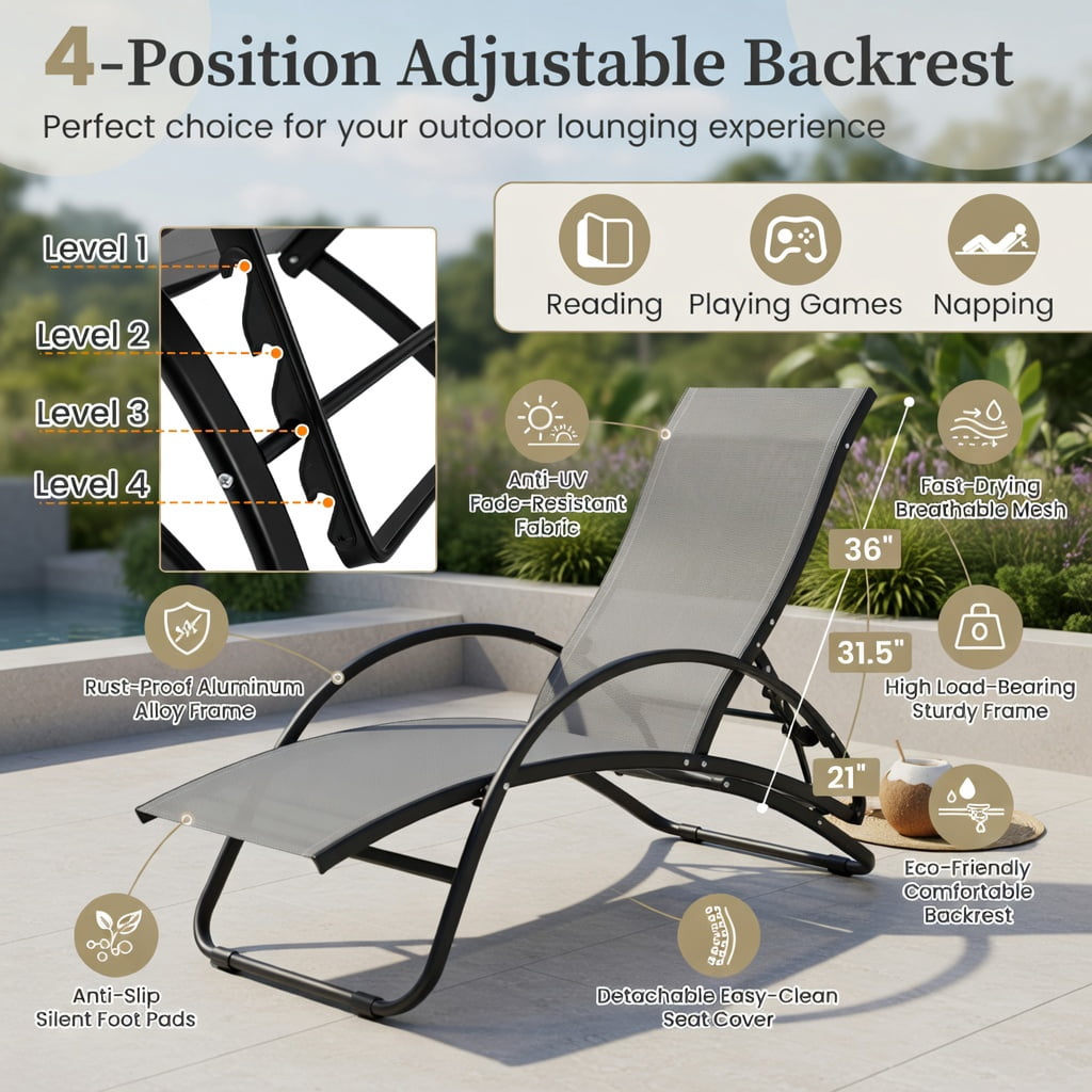 Hommoo 2-in-1 Aluminum Outdoor Rocking Lounge Chair with 4-Position Adjustable Backrest, for Patio, Poolside, Balcony & Yard, Gray