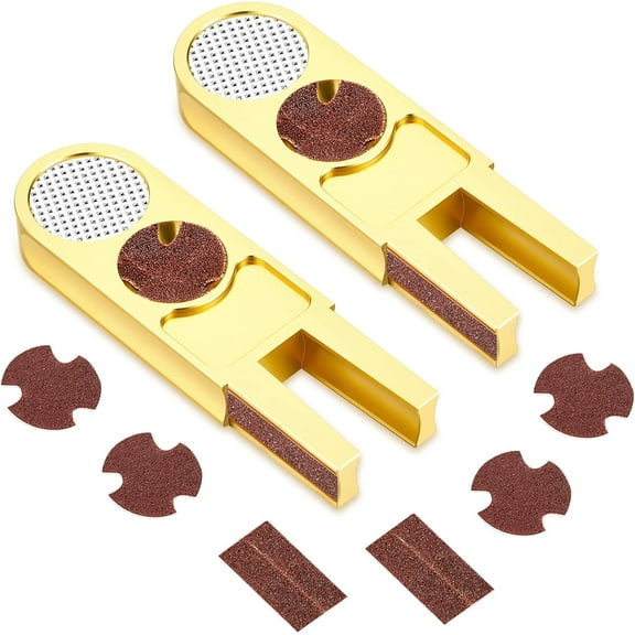 Maitys 2 Pcs Billiards Pool Cue Tip Shaper Tool Cue Tip Scuffer Burnisher Metal Sander Stick Tool U Shaped Multi Functional Trimmers Tapper with Sandpaper, Gold