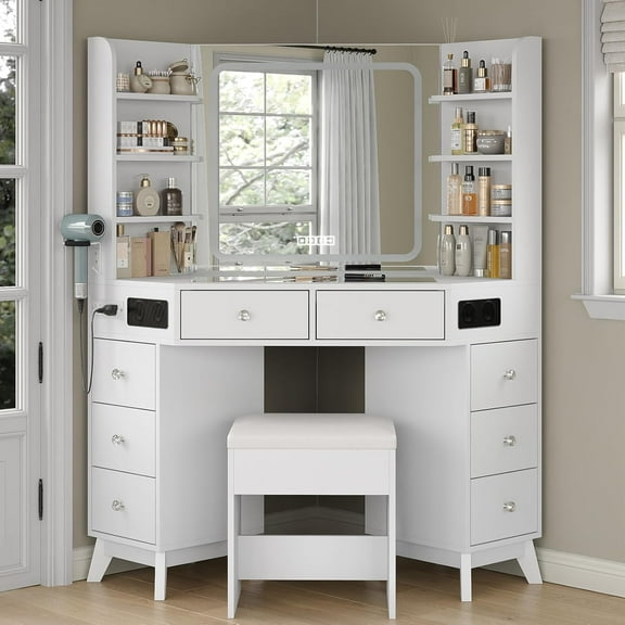 Corner Vanity Desk with Mirror and Lights, Modern Makeup Vanity with Glass Top, Bluetooth Speaker, 8 Drawers and 6 elves, 3 Color Lighting Modes, Dressing Table with Chair for Bedroom, White