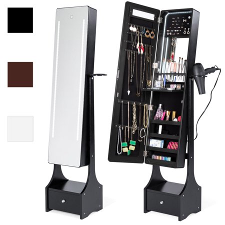 Best Choice Products Full Length Standing LED Mirrored Jewelry Makeup Storage Cabinet Armoire with Interior & Exterior Lights, Touchscreen, Shelf, Velvet Lining, 4 Compartments, Drawer, (Best Choice Products Black Mirrored Jewelry Cabinet Armoire)