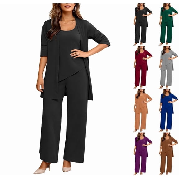 Women's Lounge Sets 3 Piece Tank Top with 3/4 Sleeve Cardigan Casual Outfits Baggy Wide Leg Pants Sweatsuit Black XXL