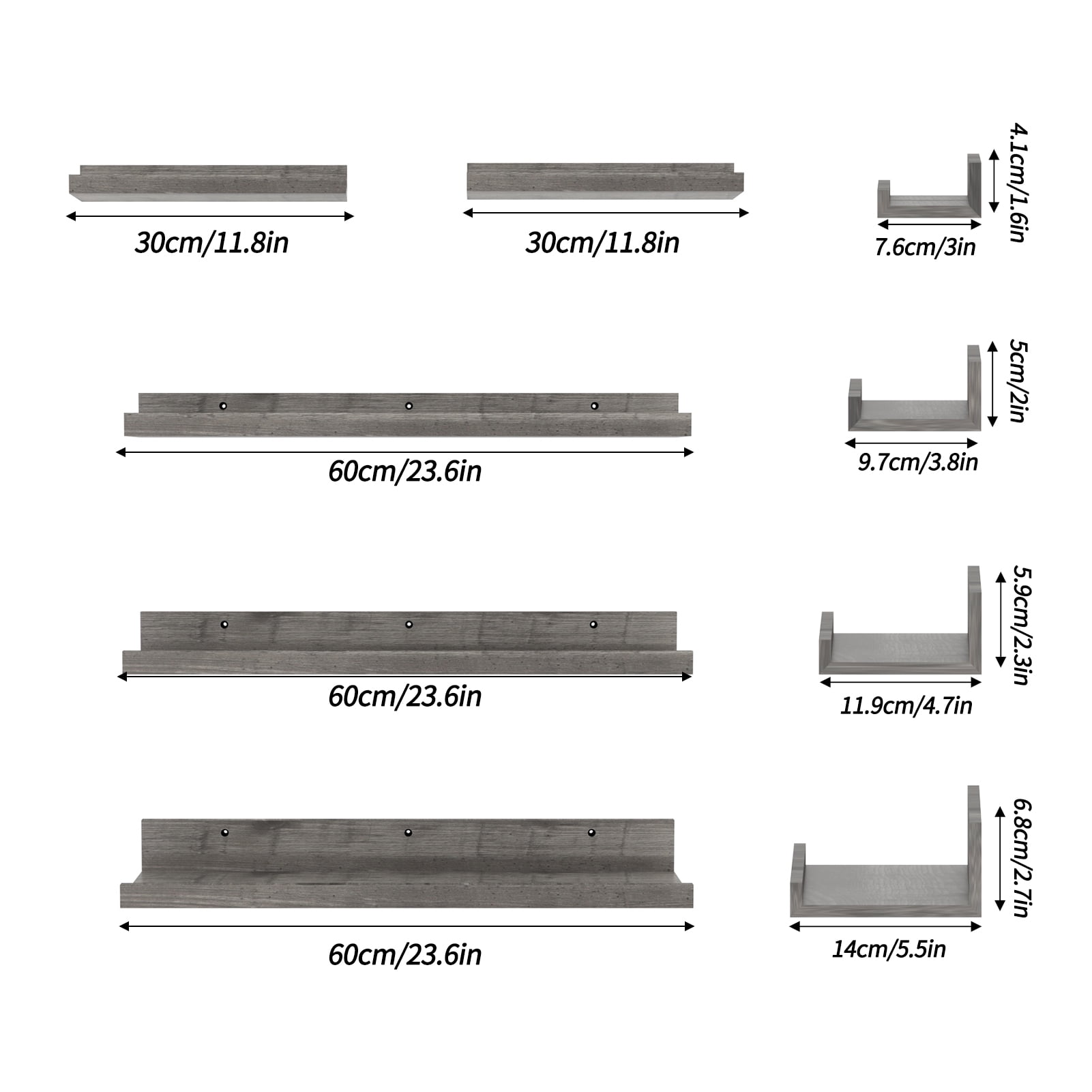Floating Shelves Set of 5, 24 Inch Wall Mounted Wooden Picture Ledge Shelf for Bathroom, Bedroom, Kitchen, Living Room Storage and Decoration, Gray