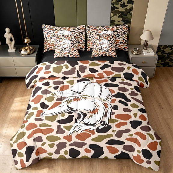 Manfei Retro Duck Camo Twin Bedding, Countryside Camouflage Bedding Comforter Set, Wheat Orange, Black Reversible, 7 Pieces