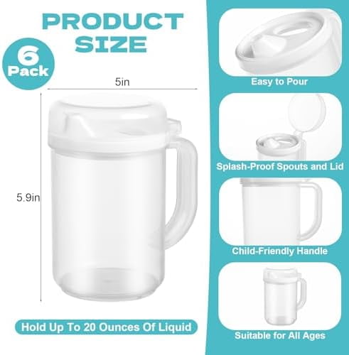 6 Pack Early Learning Kids Easy Pour Mini Pitchers 20 Oz Clear Plastic Pitcher with Lid and Handle Child Mini Easy Pour Bottles for Water Milk Tea Classroom Nursery Home$$Home Decor, Kitchen, & Other