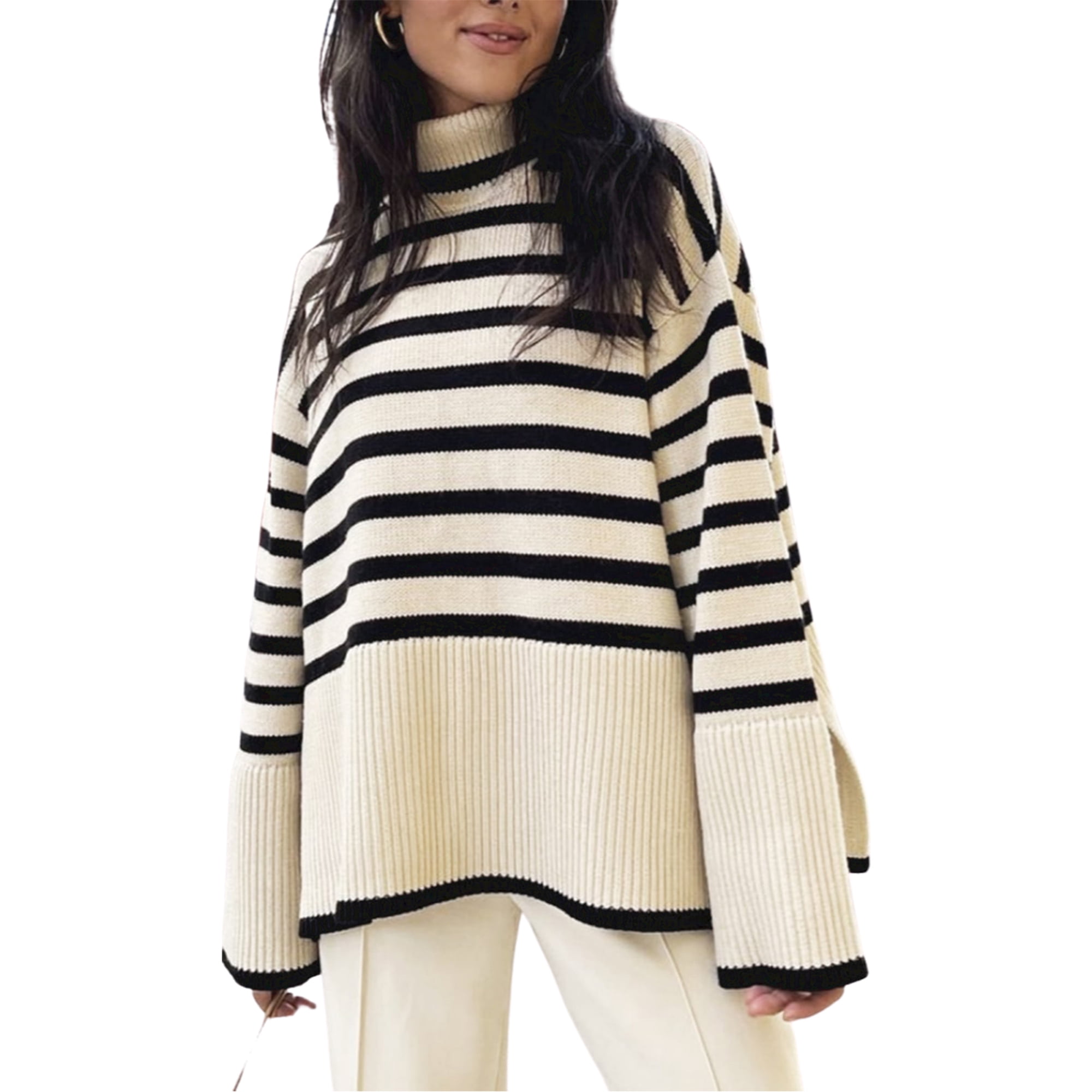 Women's Turtleneck Sweaters Long Sleeve Striped Print Side Split Pullover  Stand Collar Oversized Knit Tops Streetwear - Walmart.com