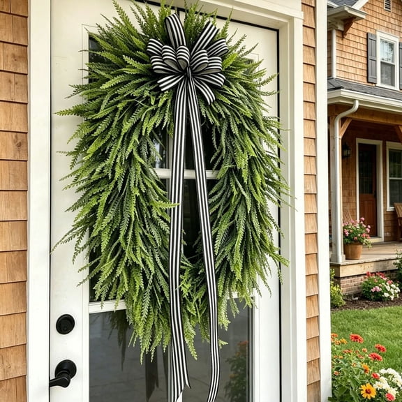 Wreaths for Front Door,24" Spring Summer Greenery Boston Fern Leaf with Bow for Outdoor Wreath Home Farmhouse Wall Window Decor