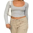 thumbnail image 1 of Femmes Crop Tops Couleur Unie Col Rond Manches Longues T-Shirt, 1 of 6