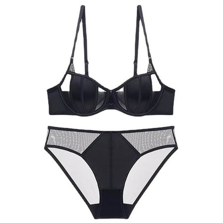 Black_Friday Deal WIZUTIZ Lace Lingerie Set 2pcs Sheer Underwear Corset Thin Sponge Transparent Bra With Large Chest&Small Lace Women s SexyGather And Lift For Breathability Lingerie Bra Set