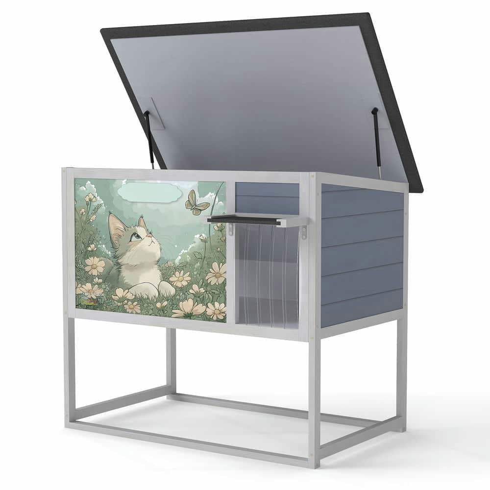 Yardi Yarda Weatherproof Outdoor Cat House with Highly Elevated Bottom, Elevated Feral Cat Shelter with High Legs and Curtained Door, Escape Door, Openable Top, Gray