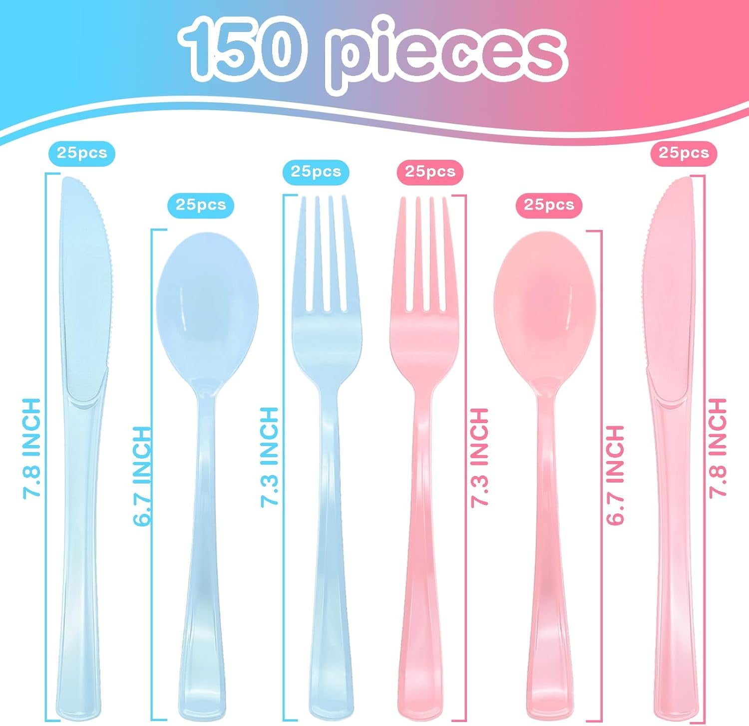 150 Pcs Pink and Blue Cutlery Heavy Duty Light Pink and Baby Blue Plastic Silverware - 50 Plastic Forks, 50 Knives, 50 Spoons for Birthday Baby Shower Gender Reveal