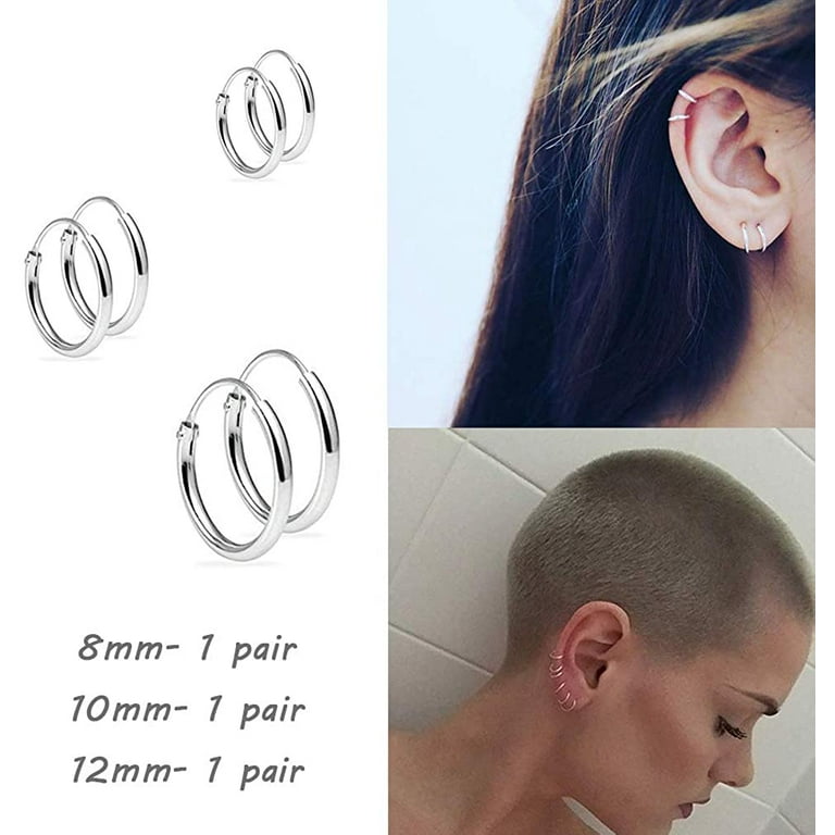 Silver Hoop Earrings Cartilage Endless Small Hoop Earrings Set for Women Men Girls 3 Pairs of Hypoallergenic 925 Sterling Silver Tragus Earrings Nose Lip Rings Walmart
