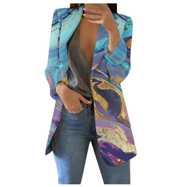 Gibobby Blazer de mujer chamarra blazer de manga larga con frente abierto para mujer chamarra para trabajo oficina(Azul,CH)