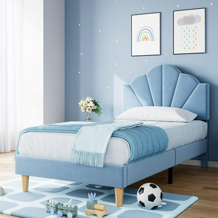 Towallmark Twin Bed Frame, Velvet Upholstered Platform Bed Frame with Height Adjustable Headboard for Boys & Girls, Wood Slat Support, Easy to Assemble, No Box Spring Needed, Light Blue