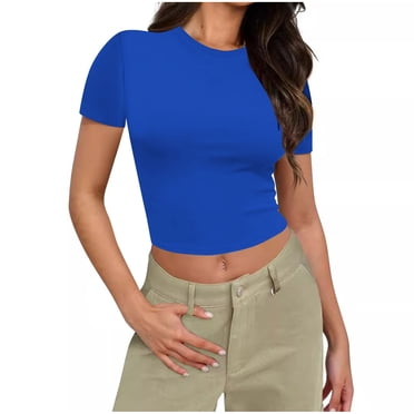 Timegard Hauts Courts pour Femmes à Manches Courtes, Col Ras du Cou, Couleur Unie, T-Shirt Basique Confortable, Décontracté, Sorties