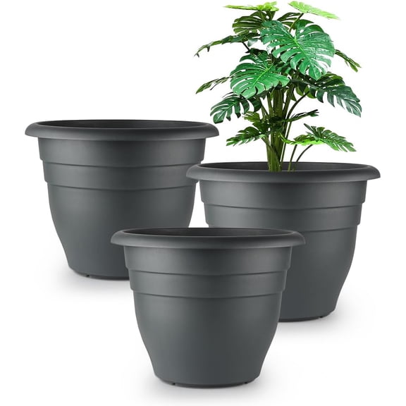 12 Inch Plant Pots, Large Planters for Outdoor Plants, Plastic Flower Pots - Durable and Lightweight with Drainage Holes (3 Packs, Gray)