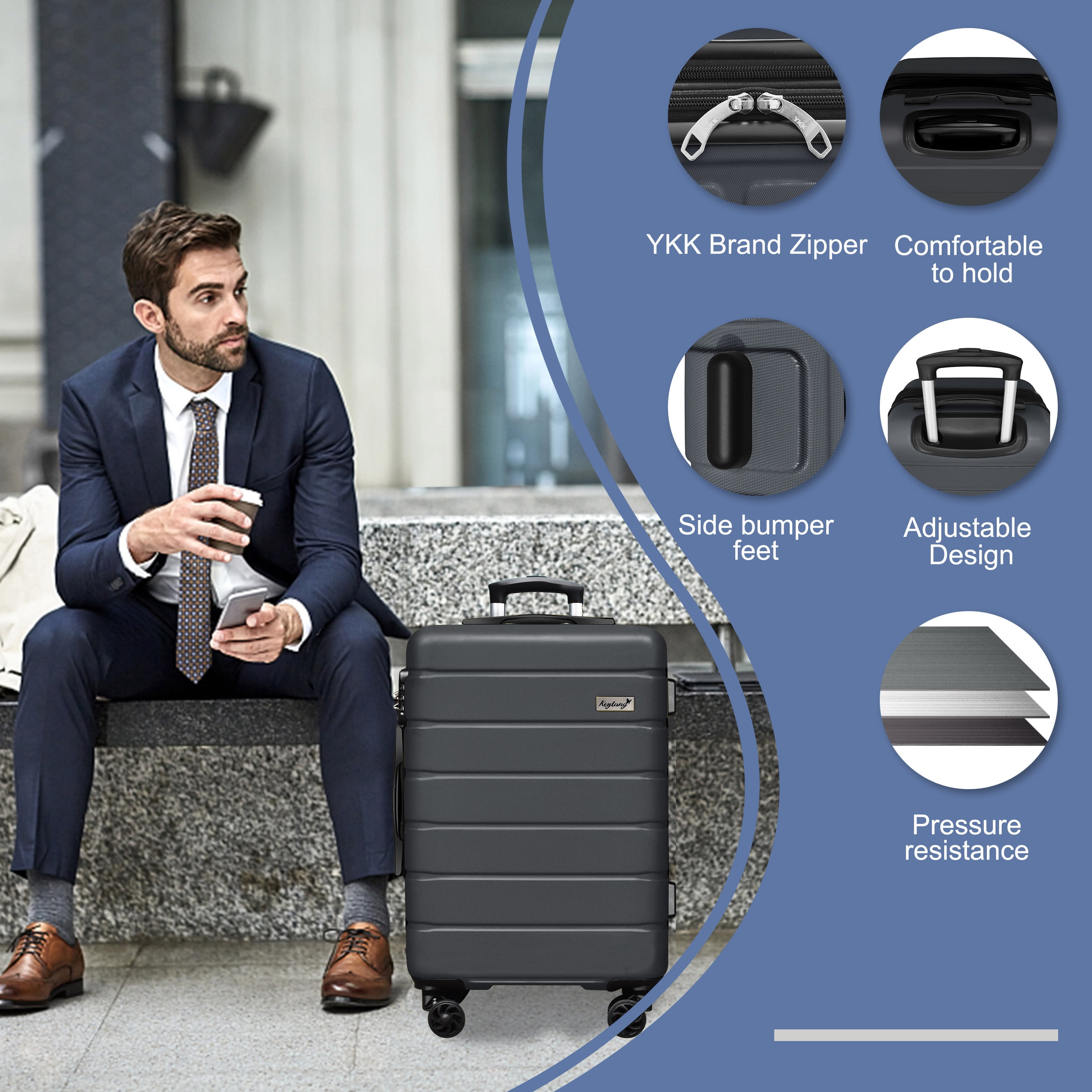 Keytang Lightweight Hardside Expandable Spinner Wheels Luggage Suitcase W/TSA Lock 3-Piece Set，Grey