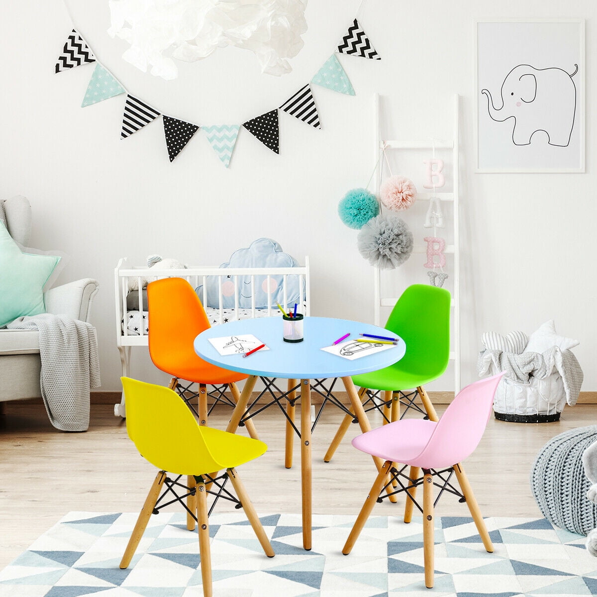 Gymax 5 PC Kids Colorful Round Table Chair Set w/ 4 Armless Chairs
