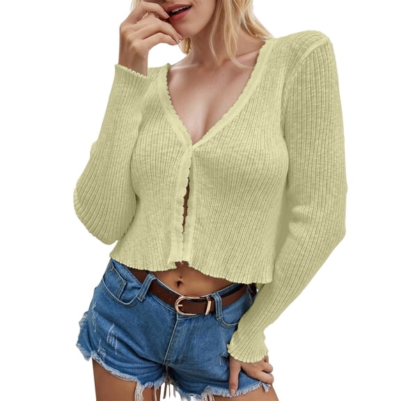 Arlun Lightweight Cropped Knit Cardigans Sweater for Women V-Neck Button down Open Front Crop Cardigan Tops Soft Comfortable Fashion Solid Color Long Sleeve Outwear Tops Yellow One Size