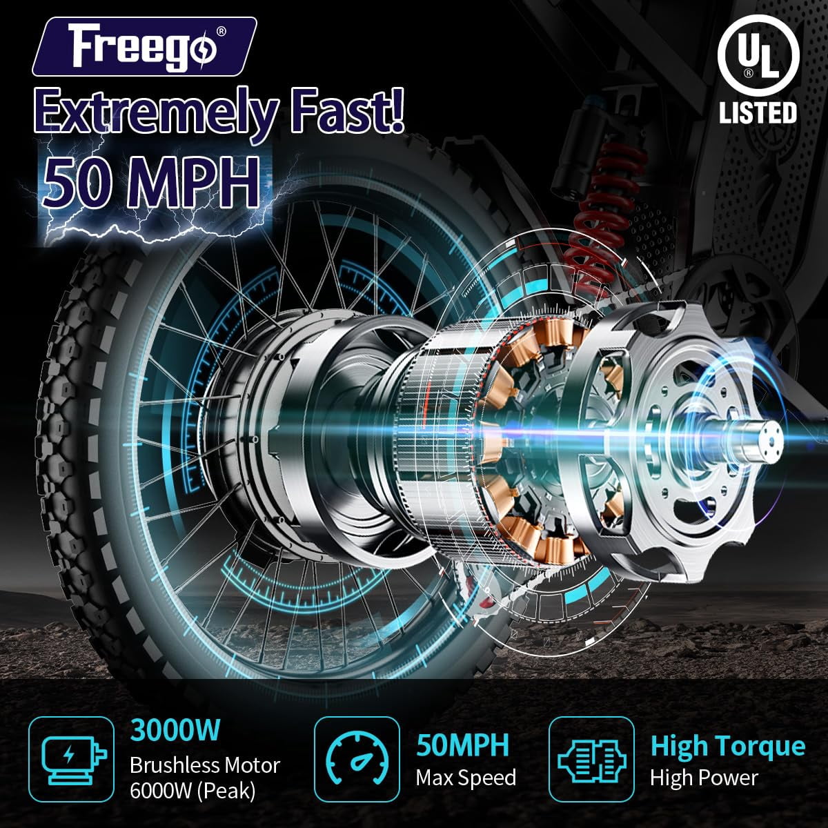 Freego X2 Electric Dirt Bike - 6000W Peak, 60V/30Ah Battery, 56 Mile Range, 28 MPH Eco / 50 MPH Sport, SHIMANO 7-Speed, Hydraulic Disc Brakes, 2-Piston, Aluminum Frame, 8H Charging