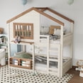 thumbnail image 3 of URTR Twin Over Twin House Bunk Bed with Window, Bookshelf and Roof, Wooden Twin Size Floor Bunk Bedframe with High-Quality Guardrail and Ladder, Playhouse Bed for Bedroom, Beige, 3 of 9