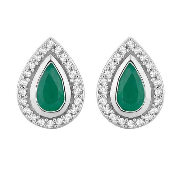 10k White Gold Emerald & 1/8 Carat T.W. Diamond Teardrop Halo Stud Earrings