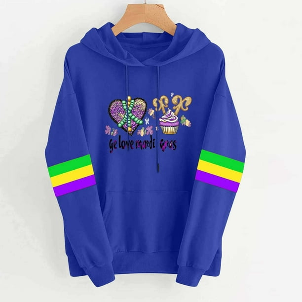 Uootdi Mardi Gras Womens Drawstring Hoodies for Women Carnival Crewneck Heart Print Hooded Long Sleeve Pullover Festive Color Block Loose Sweatshirts Gift
