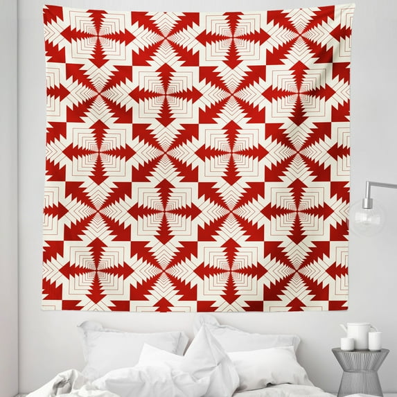 Abstract Tapestry, Repetitive Intertwined Frames Funky Style Modern Retro Pattern Art Print, Fabric Wall Hanging Decor for Bedroom Living Room Dorm, 5 Sizes, Vermilion and Ivory, by Ambesonne
