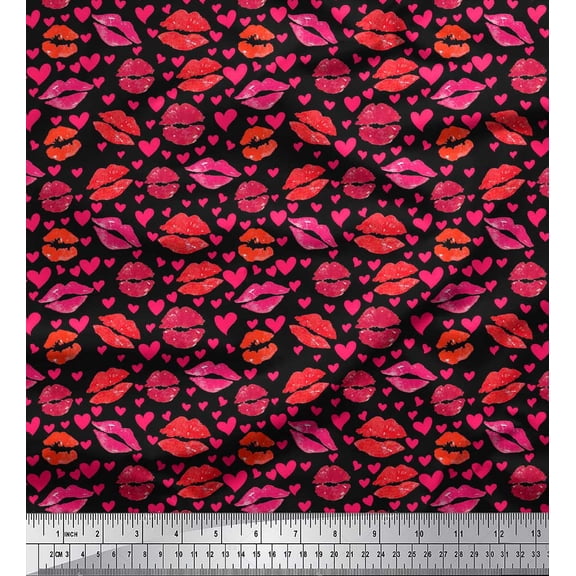 Soimoi Black Cotton Duck Fabric Heart & Lips Women Printed Craft Fabric by the Yard 42 Inch Wide