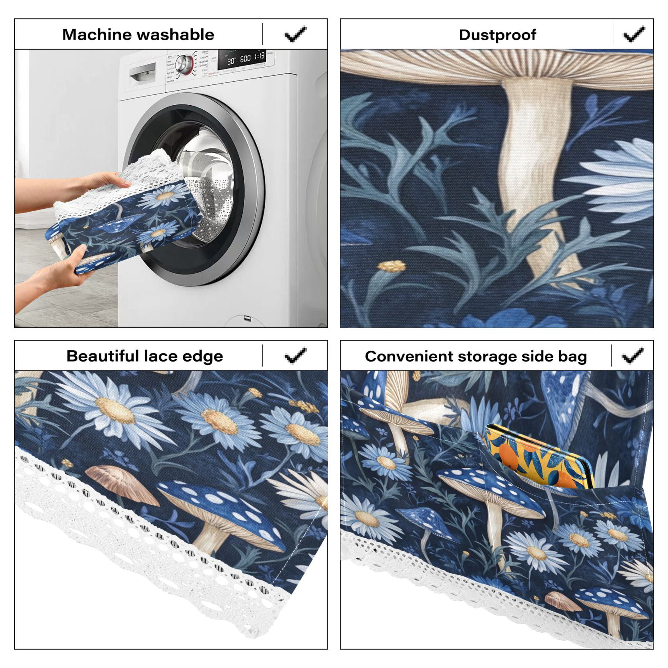 Blue MushroomWasher and Dryer Covers Dust-Proof and Oil Resistant Fridge Cover with 4 Storage Pockets Washing Machine Top Cover for Laundry Kitchen Home 51.2 x 22 In