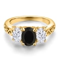 thumbnail image 3 of Gem Stone King 18K Yellow Gold Plated Silver Black Onyx and White Moissanite Filigree Style 3 Stone Ring for Women (2.60 Cttw, Oval 8X6MM and 6X4MM) (Size 9), 3 of 6