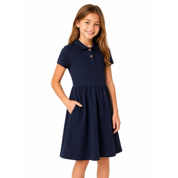 HILEELANG 4-13T Big Girls' Navy Blue Short Sleeve Polo Dress with Pockets, School Uniform Casual Dress for Kids,8-9Y