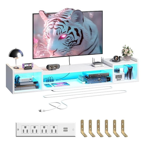 71" W Floating TV Stand with & Power Outlets Wall Mounted Entertainment Center for 60/65/75" inch TV Shelf, Long TV Stand for Living Room, Wood Media Console Shelf for Bedroom, White
