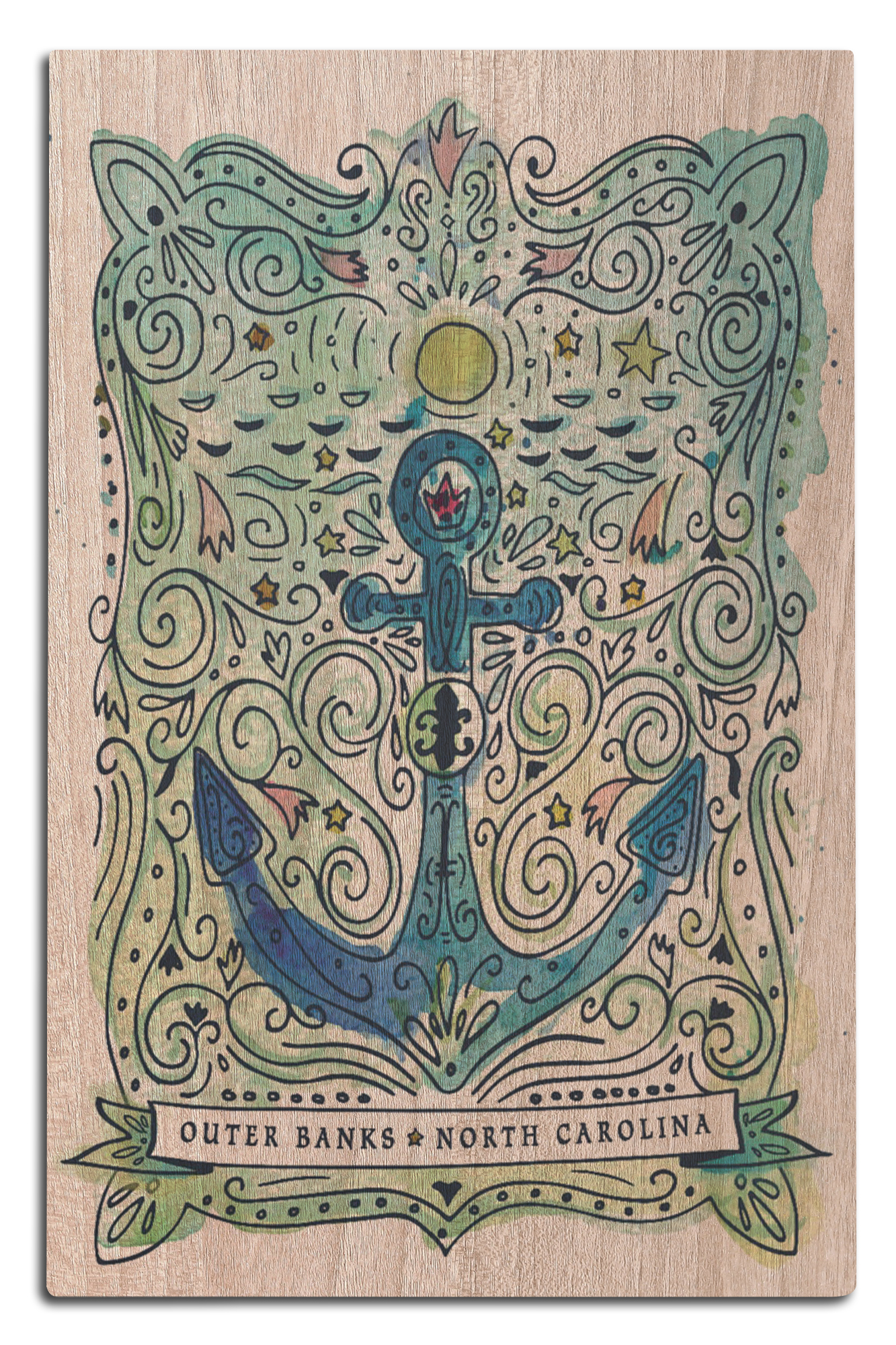 Outer Banks, North Carolina, Anchor Birch Wood Wall Sign (12x18 Rustic Home Decor, Ready to Hang