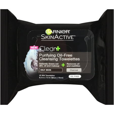 (2 pack) Garnier SkinActive Clean+ Purifying Oil-Free Cleansing Towelettes 25 ct (Best Cleansing Wipes For Acne Prone Skin)