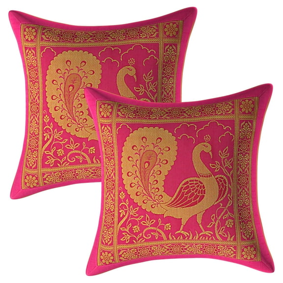 Stylo Culture Indian Couch Pillow Case Covers Dancing Peacock Floral Magenta And Gold Throw Pillow Covers 12x12 Jacquard Weave Banarasi Decorative Brocade 30x30 cm Cushion Covers (Set Of 2)