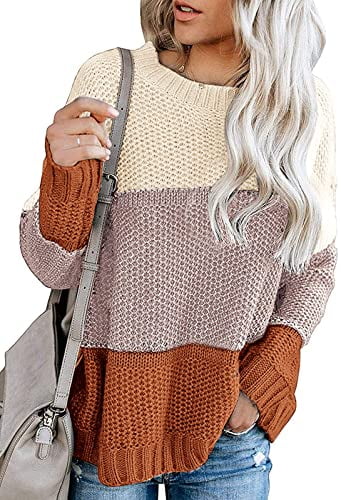 MEROKEETY Womens Crew Neck Long Sleeve Color Block Knit Sweater Casual Pullover Jumper Tops