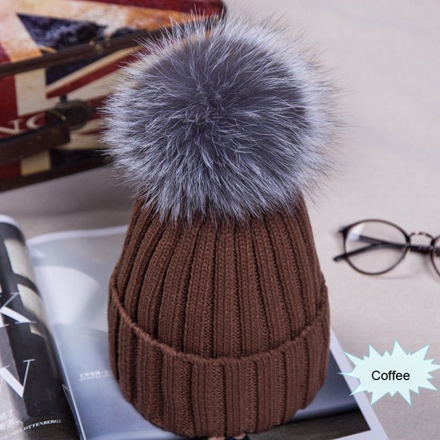 ITFABS Ladies Knitted Woolen Cap Solid Color Furry Ball Thick Stylish Hat