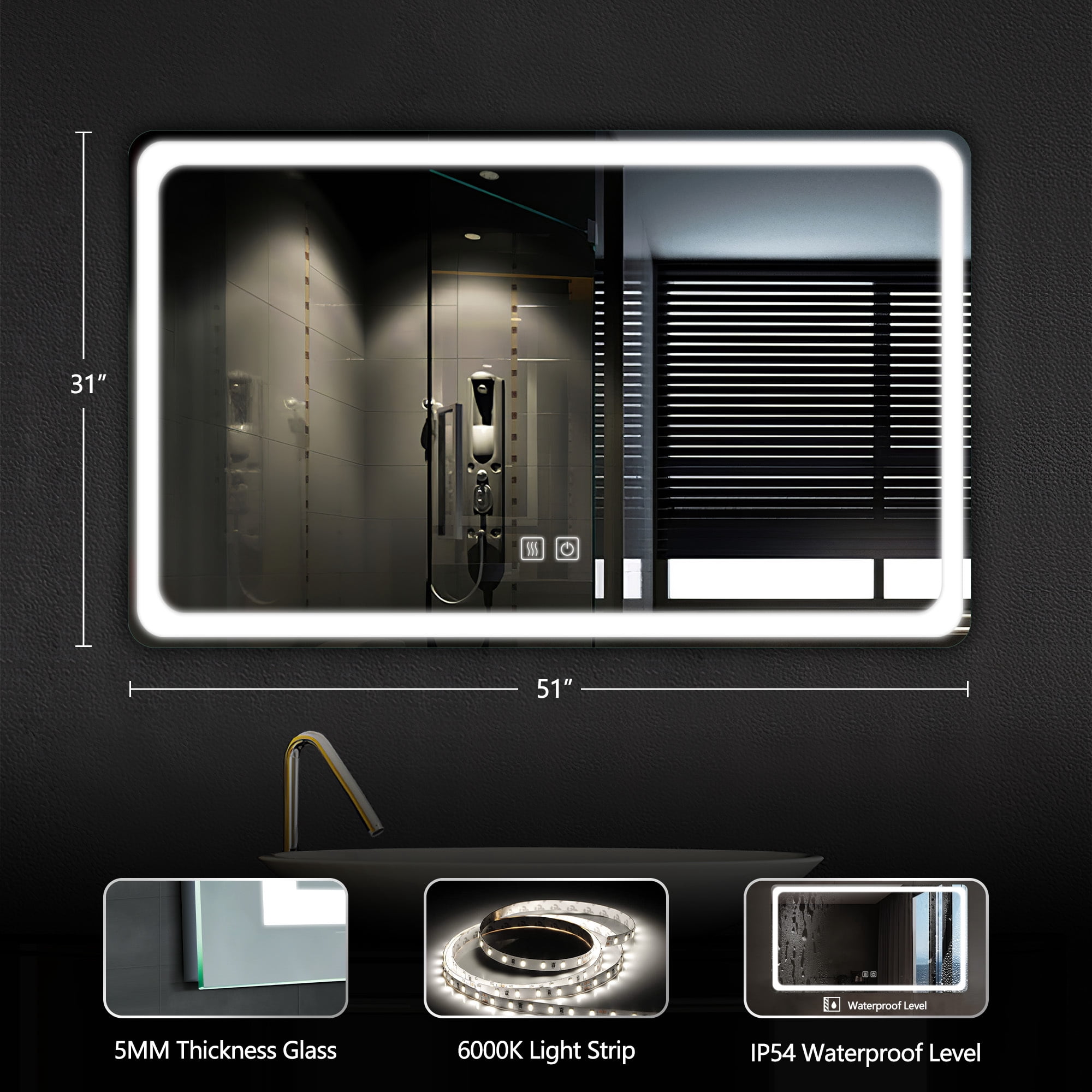 51"x31" LED Lighted Round Angle Wall Mounted Bathroom Mirror Modern Rectrangle Vanity Mirror with Anti-Fog,Silver